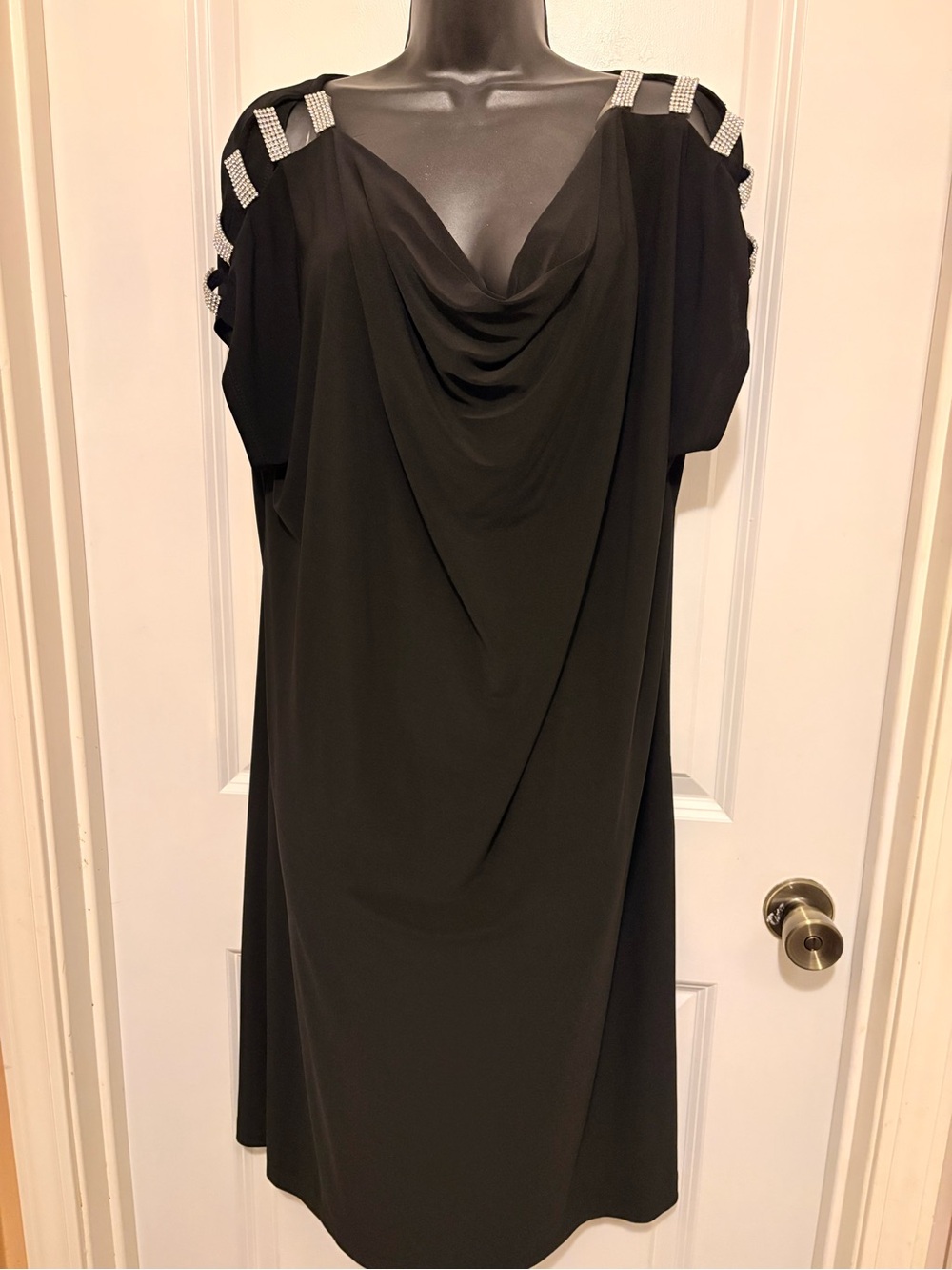J.B.S. Black Cowl Neck Midi Dress with Rhinestone Shoulder Straps